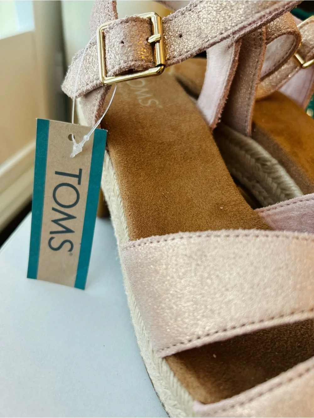 NWT TOMS Isla Pale Rose Metallic Suede Espadrille Platform Sandals 8.5